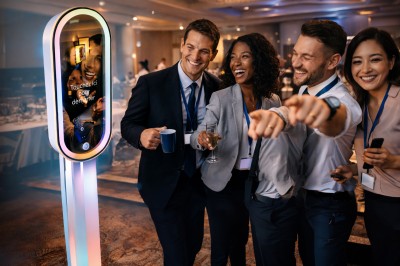 Un couple souriant en tenue de mariage pose devant une borne photo interactive lors d'une réception en extérieur.