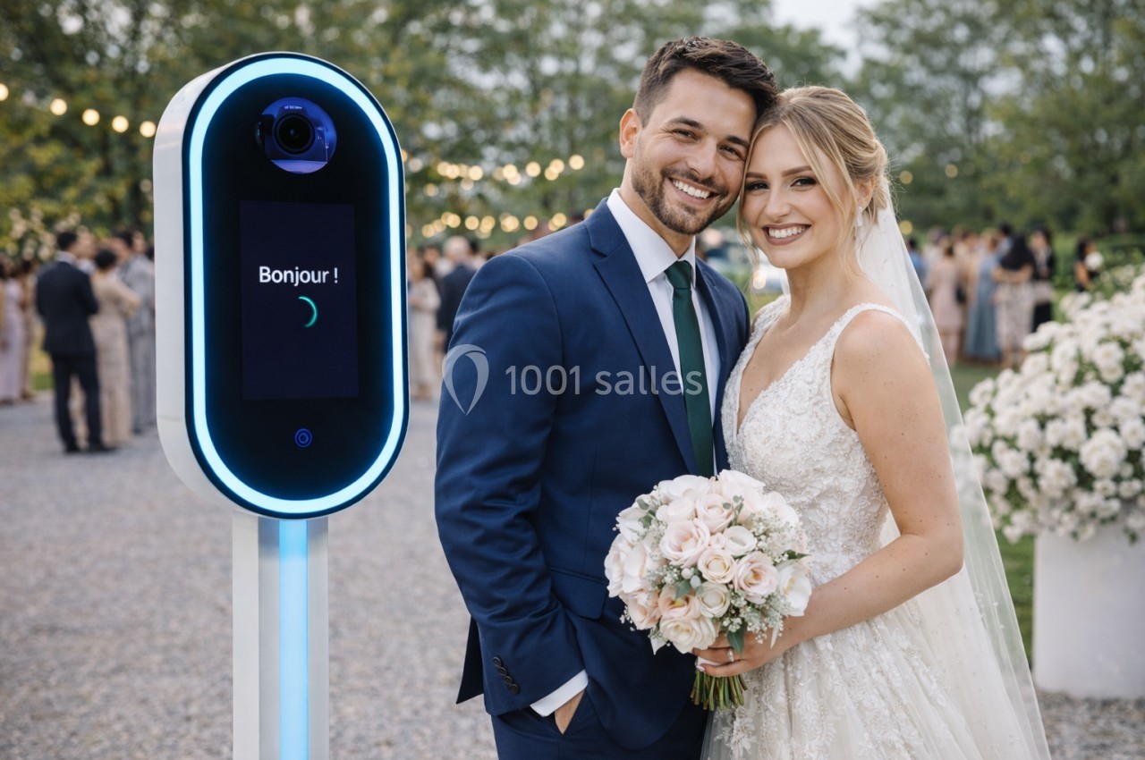 Un couple souriant en tenue de mariage pose à côté d'une borne photo lumineuse dans un cadre extérieur festif.