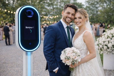 Un couple souriant en tenue de mariage pose devant une borne photo interactive lors d'une réception en extérieur.