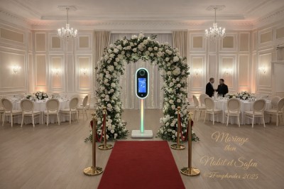 Deux personnes souriantes posant avec des accessoires festifs devant un fond scintillant rose.