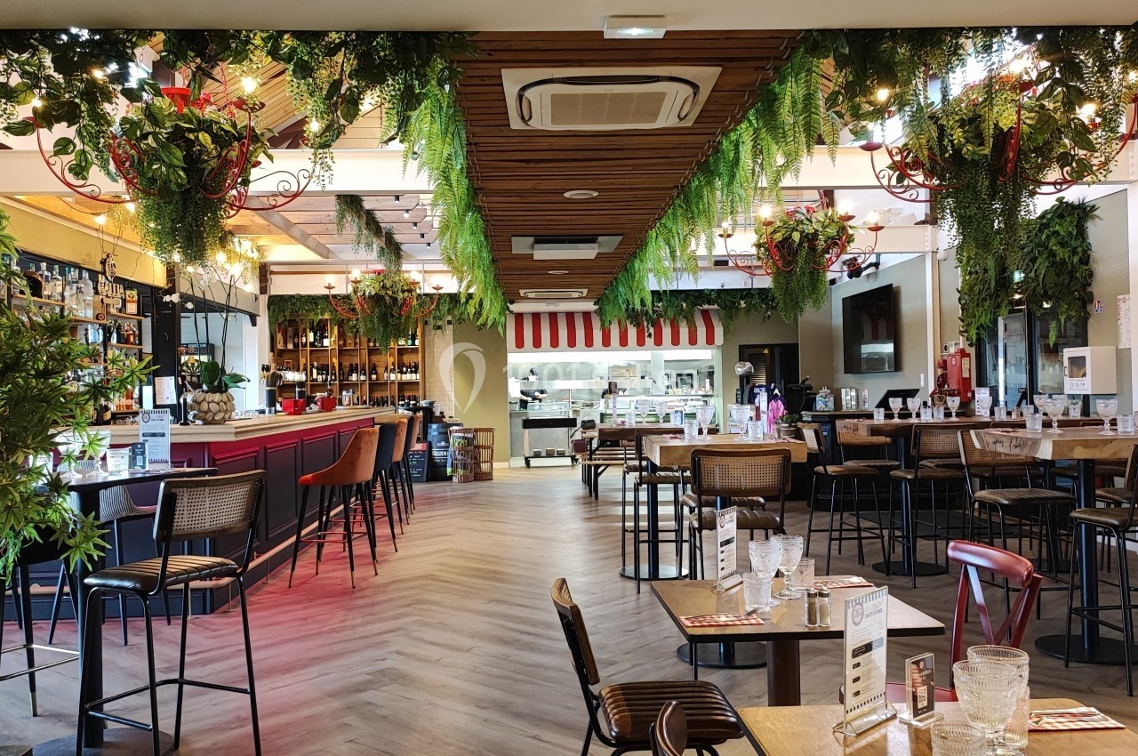 Intérieur d'un restaurant avec bar, tables dressées, plantes suspendues et décoration chaleureuse.