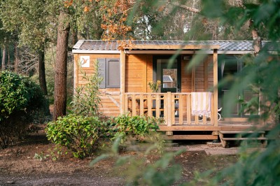 Miniature Location salle Ondres (Landes) - Camping Landae #4 Cuisine moderne avec meubles en bois clair, évier, lave-vaisselle, micro-ondes, réfrigérateur et corbeille de fruits.