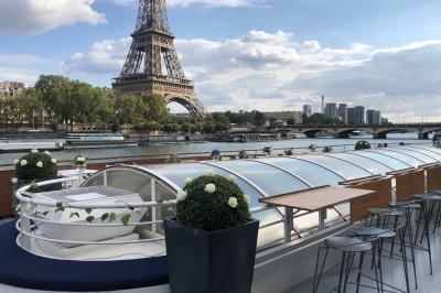 Terrasse d'un bateau avec des fauteuils, des plantes décoratives et une vue sur un pont et des arbres en arrière-plan.