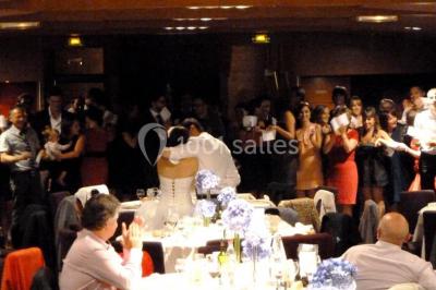 Terrasse d'un bateau avec des fauteuils, des plantes décoratives et une vue sur un pont et des arbres en arrière-plan.