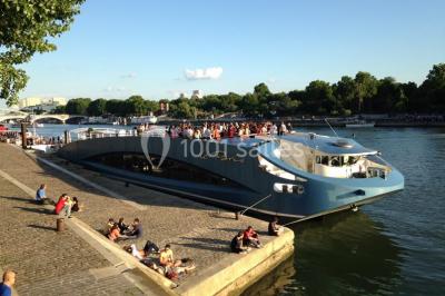 Terrasse d'un bateau avec des fauteuils, des plantes décoratives et une vue sur un pont et des arbres en arrière-plan.