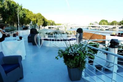 Terrasse d'un bateau avec des fauteuils, des plantes décoratives et une vue sur un pont et des arbres en arrière-plan.