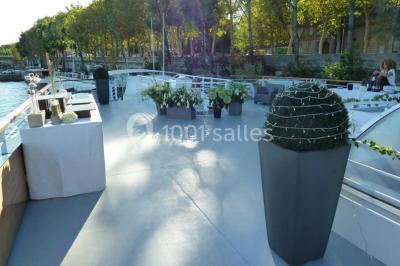 Terrasse d'un bateau avec des fauteuils, des plantes décoratives et une vue sur un pont et des arbres en arrière-plan.