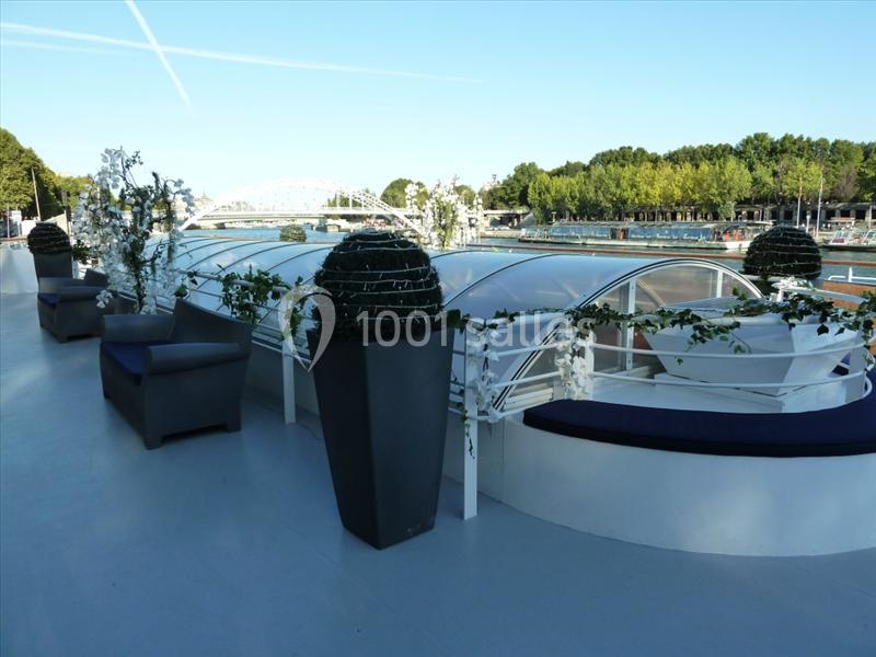 Terrasse d'un bateau avec des fauteuils, des plantes décoratives et une vue sur un pont et des arbres en arrière-plan.