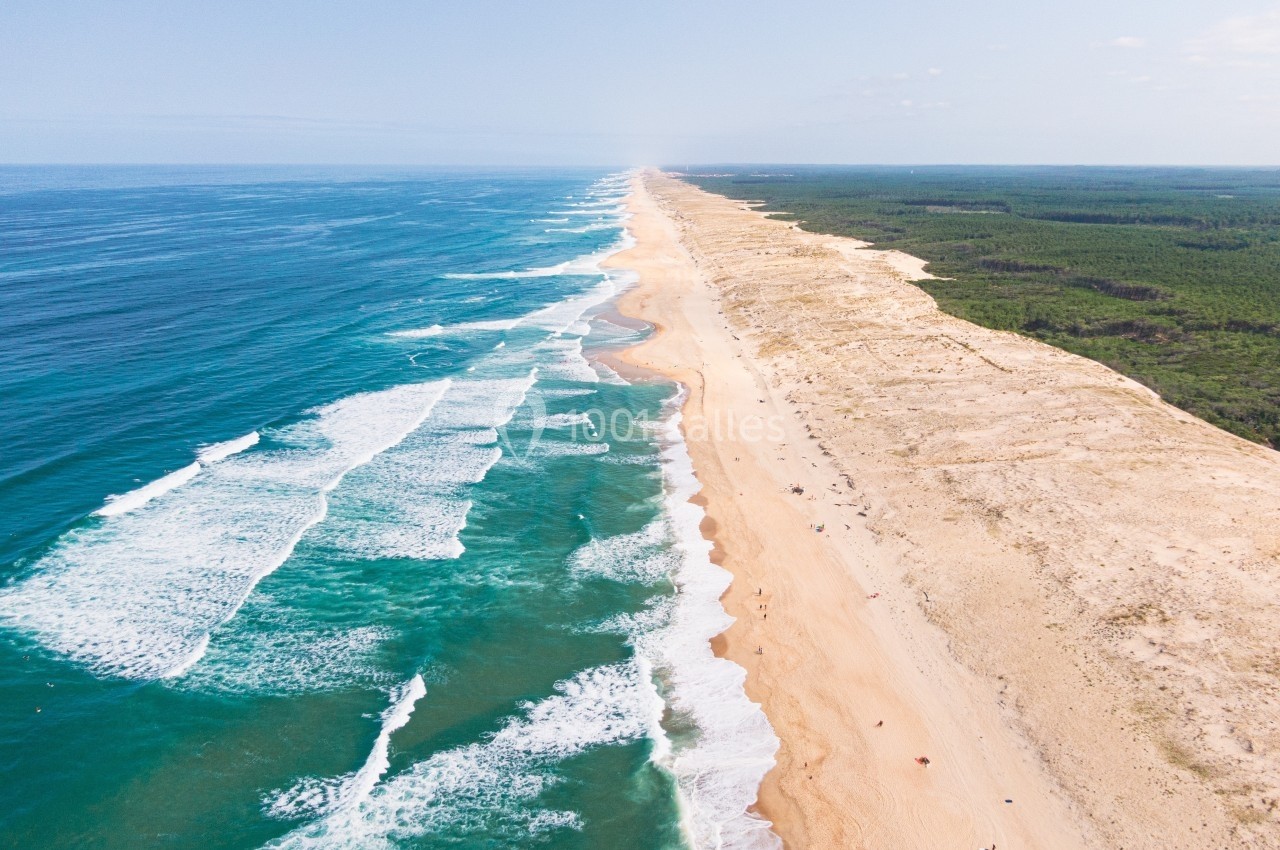 Vue aérienne d'une longue plage de sable bordée par l'océan à gauche et une forêt dense à droite.