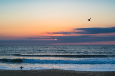 Vue aérienne d'une petite maison avec terrasse en bois, salon, chambre, salle de bain et environnement naturel autour.