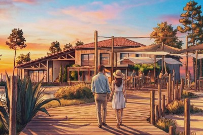 Vue aérienne d'une petite maison avec terrasse en bois, salon, chambre, salle de bain et environnement naturel autour.