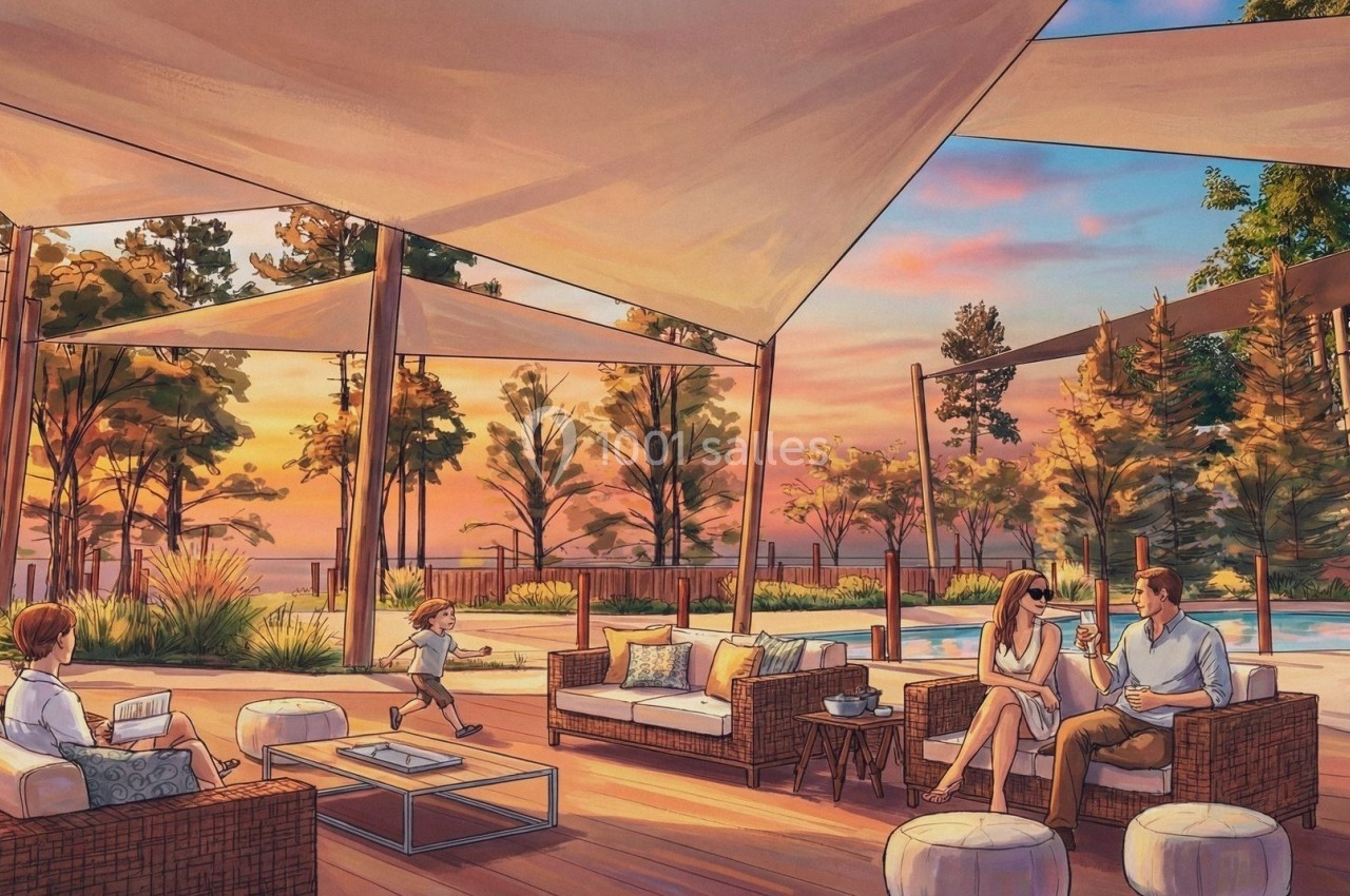 Terrasse aménagée avec mobilier en rotin, voiles d'ombrage, piscine en arrière-plan et famille profitant du coucher de…