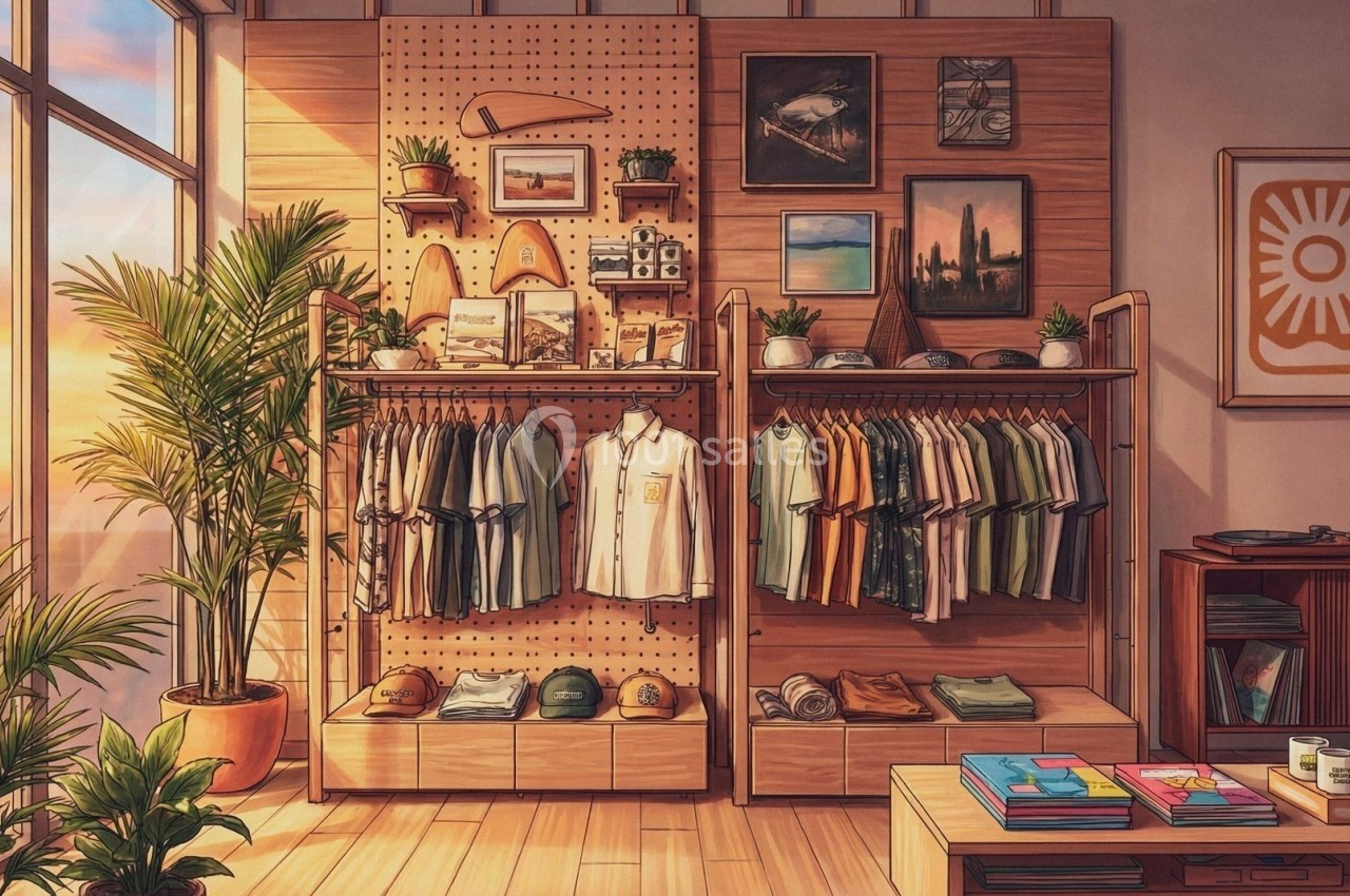 Vêtements et accessoires suspendus et disposés sur des étagères en bois dans une boutique lumineuse avec des plantes.