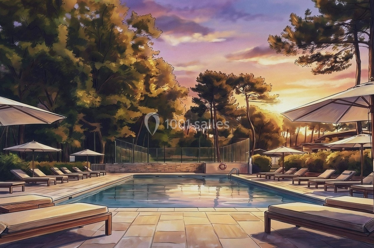 Piscine extérieure entourée de transats et parasols, bordée d'arbres, sous un ciel de coucher de soleil.