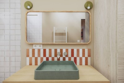 Vue aérienne d'une petite maison avec terrasse en bois, salon, chambre, salle de bain et environnement naturel autour.