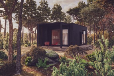 Vue aérienne d'une petite maison avec terrasse en bois, salon, chambre, salle de bain et environnement naturel autour.