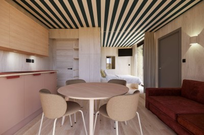 Vue aérienne d'une petite maison avec terrasse en bois, salon, chambre, salle de bain et environnement naturel autour.