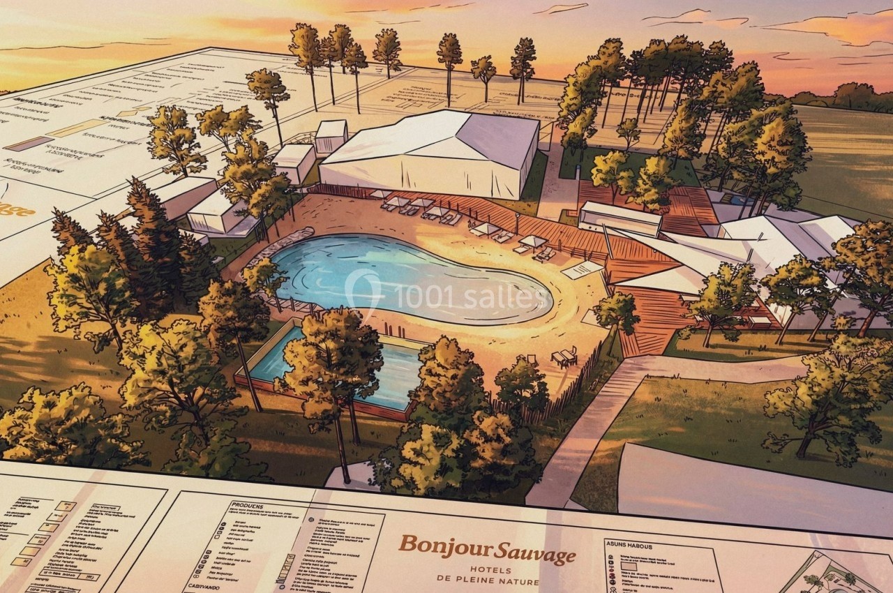 Vue aérienne illustrée d'un complexe avec piscine, terrasses, tentes et espaces verts entourés d'arbres.