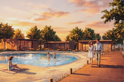 Vue aérienne d'une petite maison moderne avec une chambre, une salle de bain, un salon et une terrasse en bois.