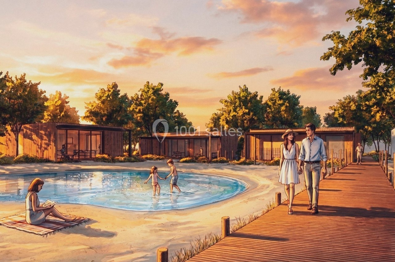 Un couple marche sur une passerelle en bois près d'une piscine où jouent des enfants, au coucher du soleil.