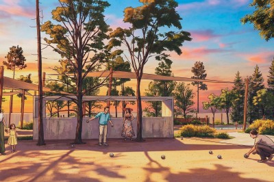 Vue aérienne d'une petite maison moderne avec une chambre, une salle de bain, un salon et une terrasse en bois.