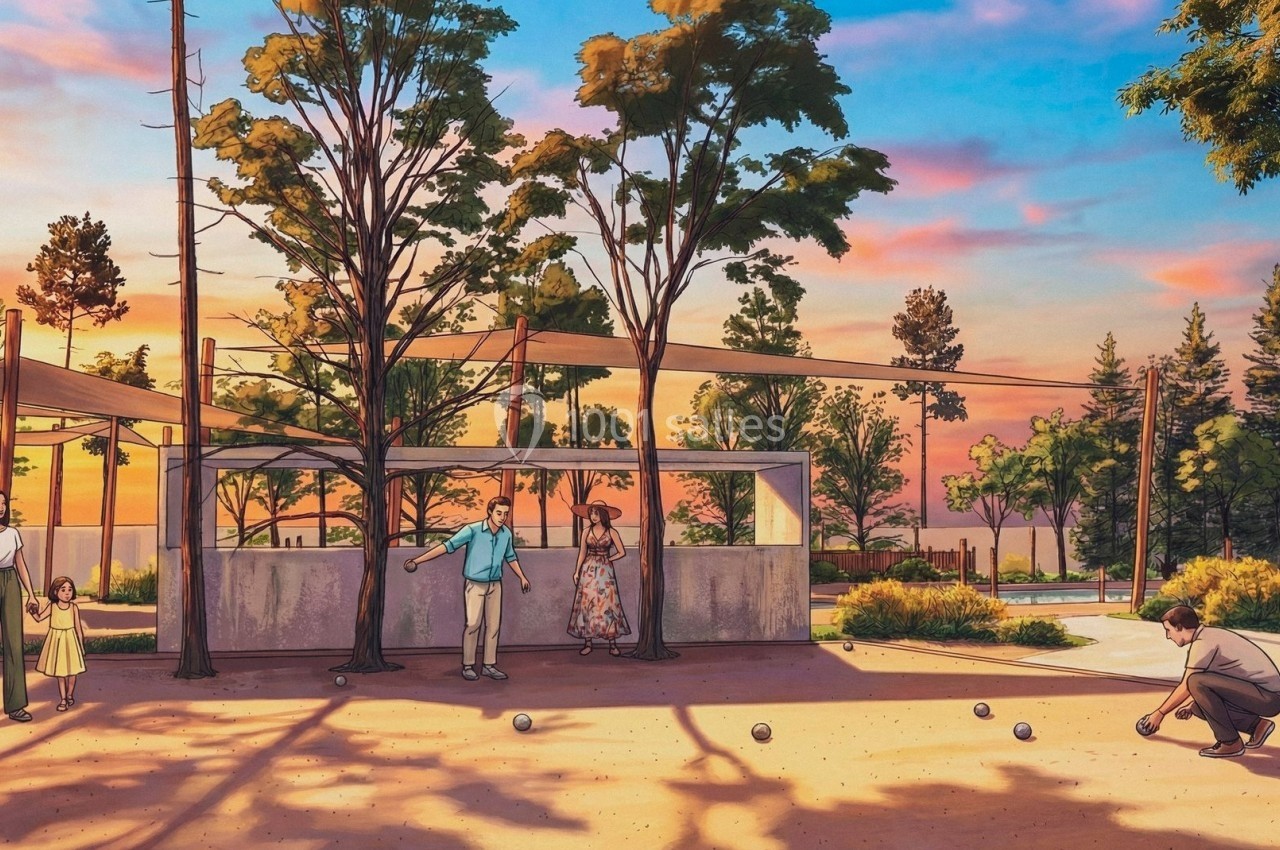 Des personnes jouent à la pétanque dans un parc au coucher du soleil, entourées d'arbres et de structures modernes.