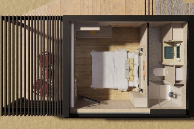 Vue aérienne d'une petite maison moderne avec une chambre, une salle de bain, un salon et une terrasse en bois.