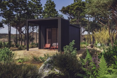 Vue aérienne d'une petite maison moderne avec une chambre, une salle de bain, un salon et une terrasse en bois.