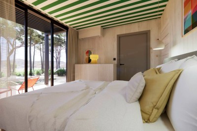 Vue aérienne d'une petite maison moderne avec une chambre, une salle de bain, un salon et une terrasse en bois.