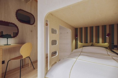 Vue aérienne d'une petite maison moderne avec une chambre, une salle de bain, un salon et une terrasse en bois.