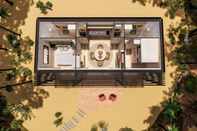 Vue aérienne d'une petite maison moderne avec une chambre, une salle de bain, un salon et une terrasse en bois.