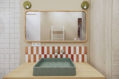 Vue aérienne d'une petite maison moderne avec une chambre, une salle de bain, un salon et une terrasse en bois.