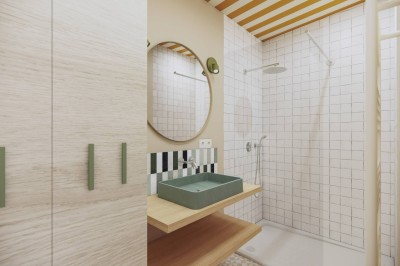 Vue aérienne d'une petite maison moderne avec une chambre, une salle de bain, un salon et une terrasse en bois.