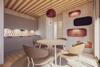 Vue aérienne d'une petite maison moderne avec une chambre, une salle de bain, un salon et une terrasse en bois.