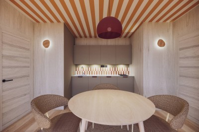 Vue aérienne d'une petite maison moderne avec une chambre, une salle de bain, un salon et une terrasse en bois.