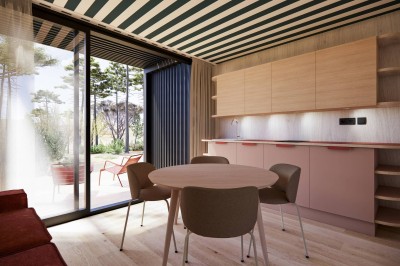 Vue aérienne d'une petite maison moderne avec une chambre, une salle de bain, un salon et une terrasse en bois.