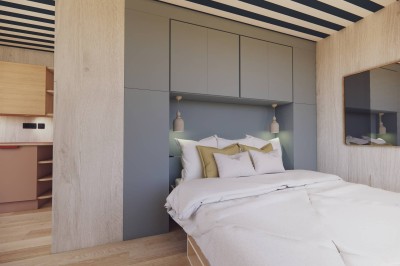 Vue aérienne d'une petite maison moderne avec une chambre, une salle de bain, un salon et une terrasse en bois.