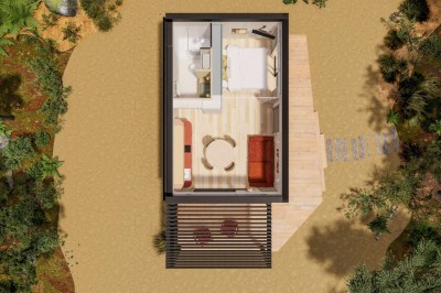 Vue aérienne d'une petite maison moderne avec une chambre, une salle de bain, un salon et une terrasse en bois.