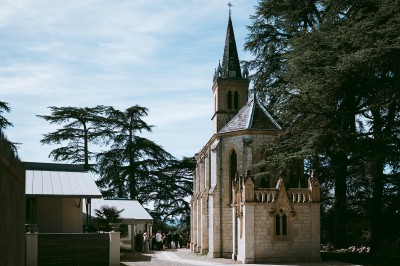 Allée bordée de grands arbres et de feuilles tombées, longeant une balustrade en pierre au coucher du soleil.