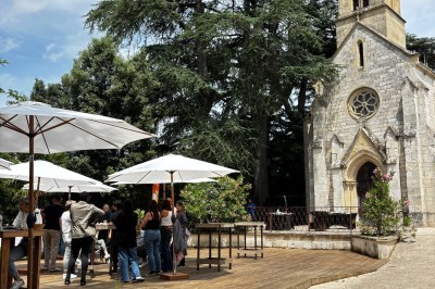 Allée bordée de grands arbres et de feuilles tombées, longeant une balustrade en pierre au coucher du soleil.