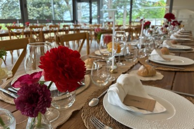 Allée bordée de grands arbres et de feuilles tombées, longeant une balustrade en pierre au coucher du soleil.
