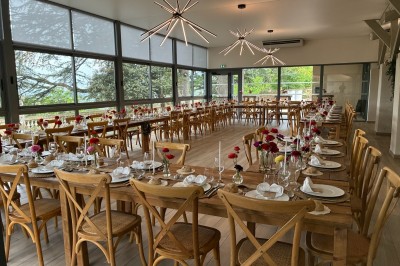 Allée bordée de grands arbres et de feuilles tombées, longeant une balustrade en pierre au coucher du soleil.