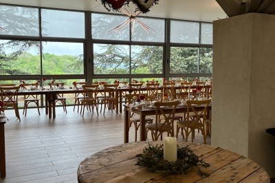 Allée bordée de grands arbres et de feuilles tombées, longeant une balustrade en pierre au coucher du soleil.