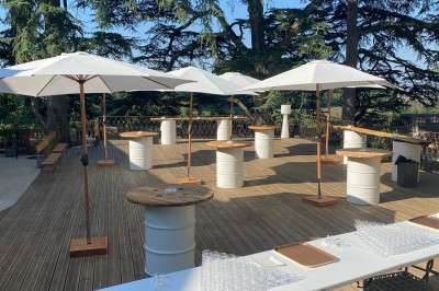 Allée bordée de grands arbres et de feuilles tombées, longeant une balustrade en pierre au coucher du soleil.