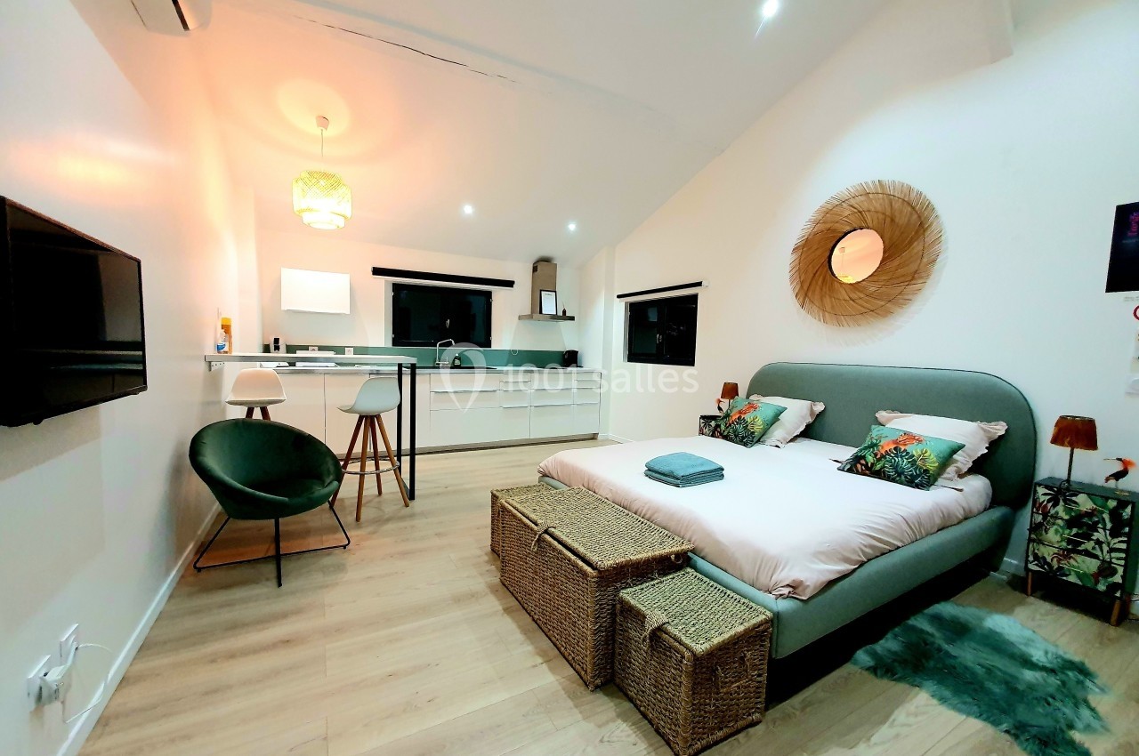 Studio lumineux avec lit double, coin salon, cuisine équipée et décoration moderne dans des tons clairs.