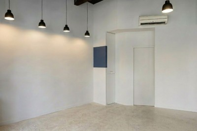 Salle moderne avec murs en briques apparentes, sol en bois et carrelage, écran mural et plante en pot.