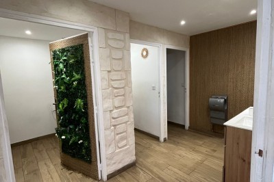 Salle lumineuse avec parquet en bois, mur végétal, chaises empilées et suspensions décoratives au plafond.