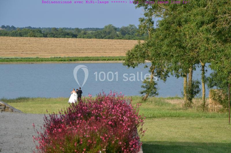 Un couple marche près d'un lac entouré de champs et d'arbres, avec des fleurs roses au premier plan.