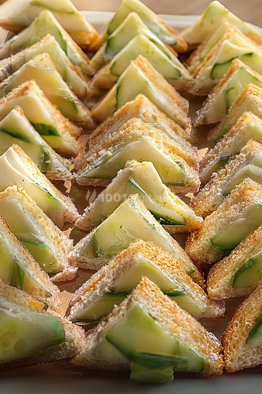 Triangles de sandwichs garnis de concombre et de fromage, disposés en rangées sur un plateau.