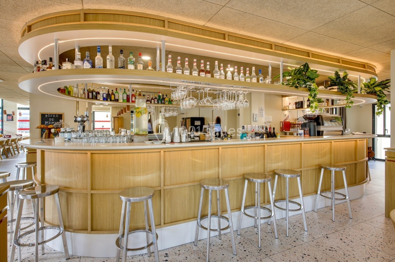 Bar moderne en bois clair avec tabourets métalliques, étagères garnies de bouteilles et plantes décoratives.